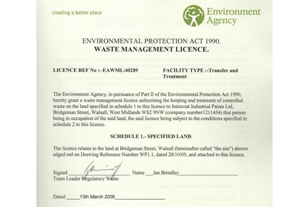 Intercoat Waste Management Environment Agency certificate