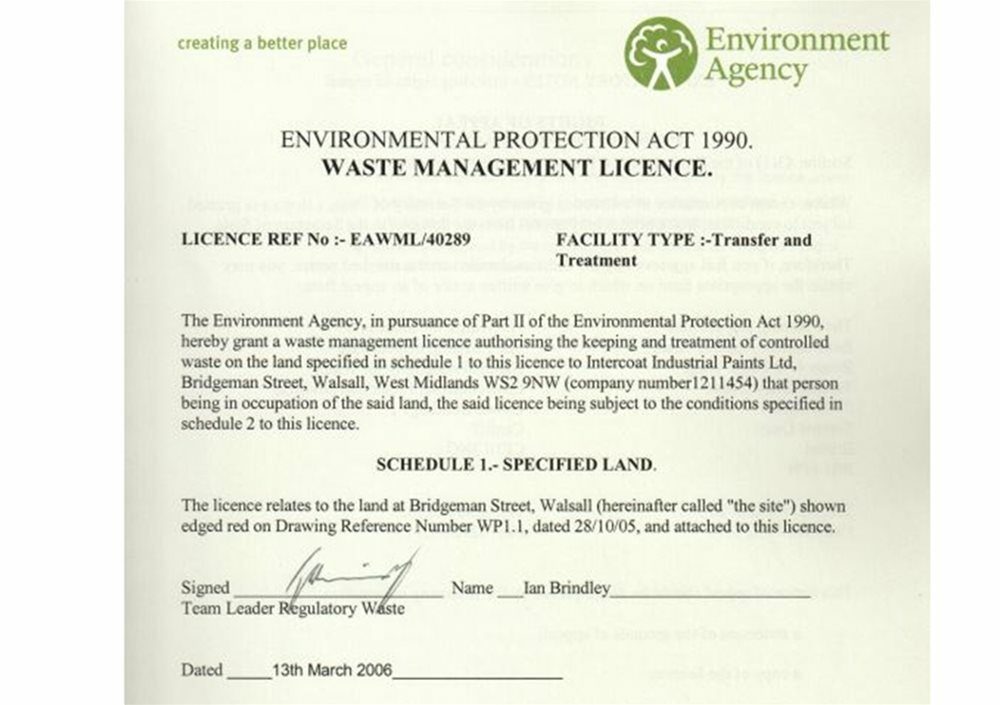 Intercoat Waste Management Environment Agency certificate